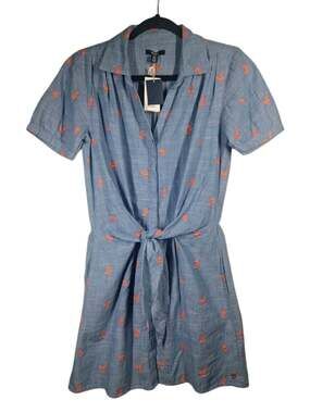 Hatley Dress Womens S NWT $125 Blue Chambray Embroidered Floral Cotton Belted